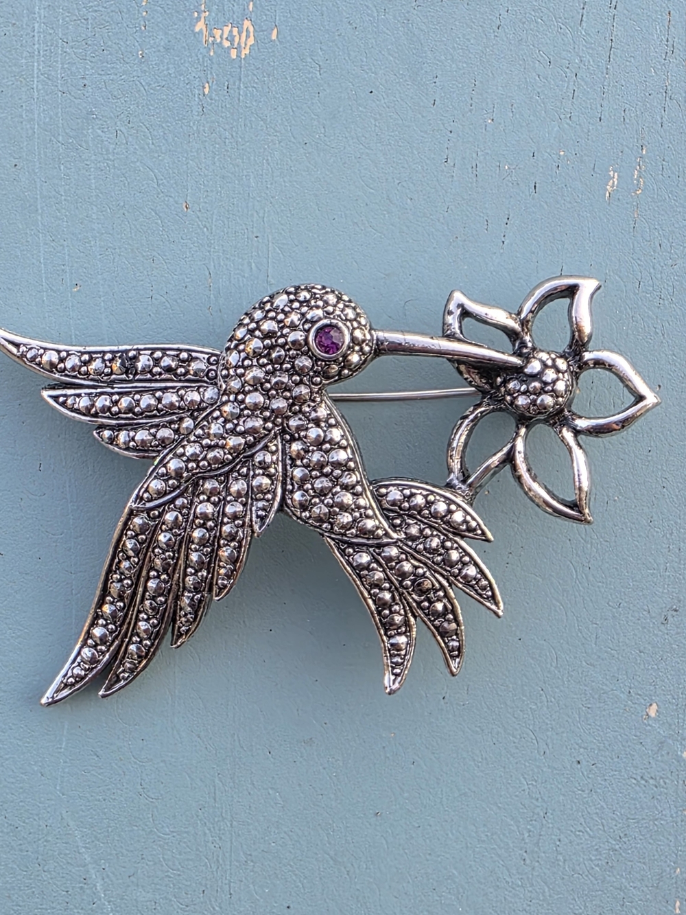 Vintage Avon Hummingbird Brooch Faux Marcasite Silver Tone